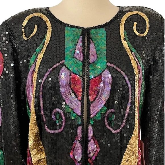NWT 80s Vintage Carina Sequin 100% Silk Multicolored Long Sleeve Jacket Blazer - Picture 4 of 7